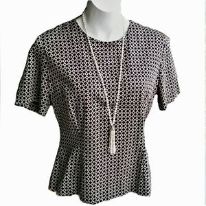 Kew.159 Geometric Print Black Short Sleeves Tailored  Top Exposed Zip Sz 16